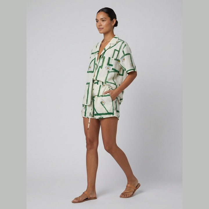 Pine | Drawstring Shorts Set Linen Blend, Casual Print