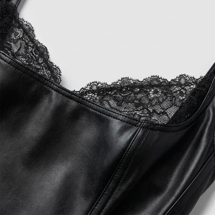 Pulse | Black Bodysuit Faux Leather, Lace Accents, Built-in Shapewear