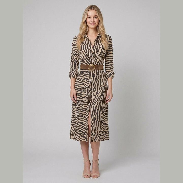 Retro Western Zebra Print Faux Suede Slit Midi Dress