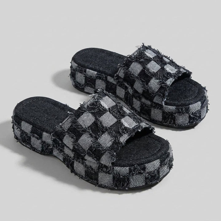 Riley denim checkerboard slides midnight black