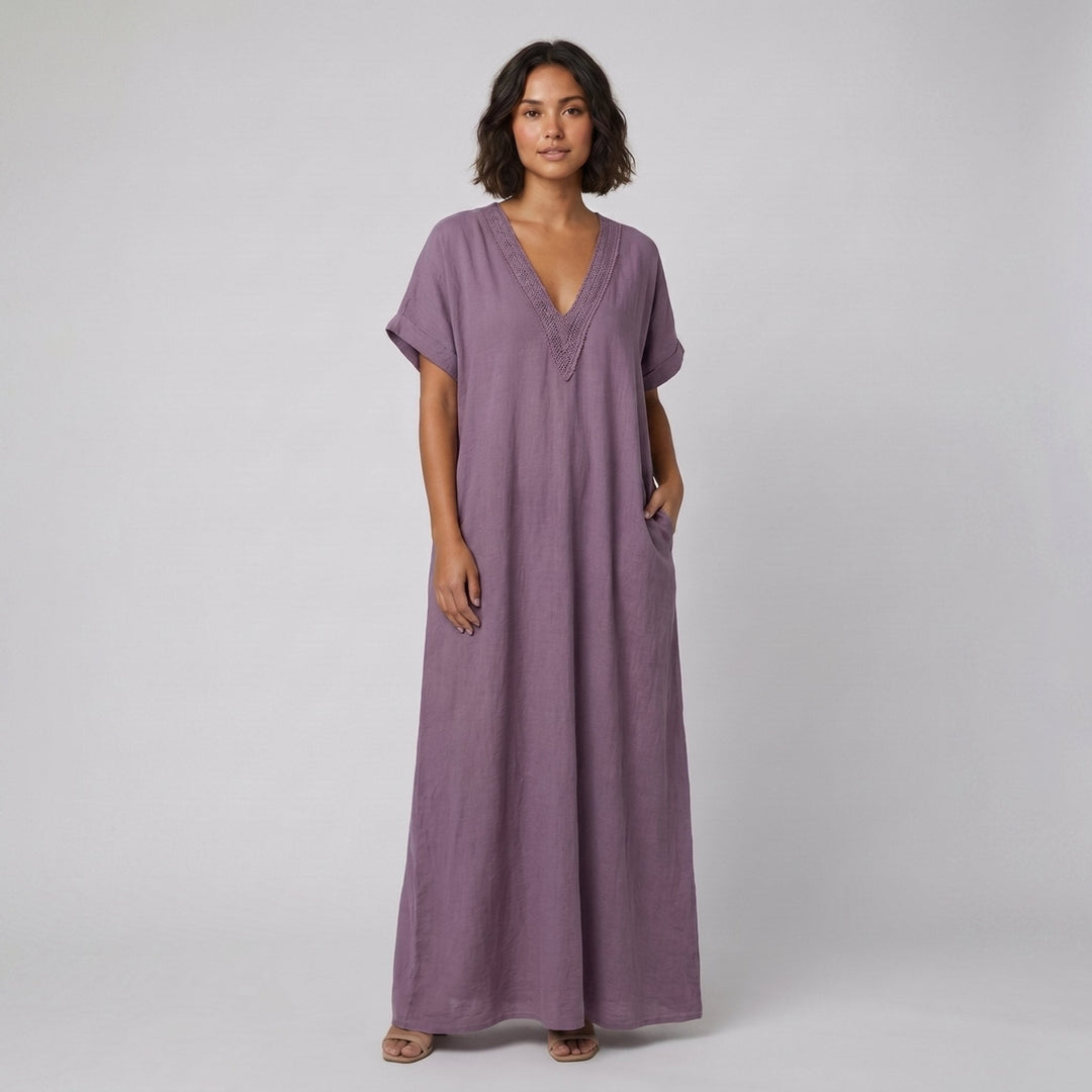 Riva purple lace V-neck cotton-linen kaftan maxi dress on model