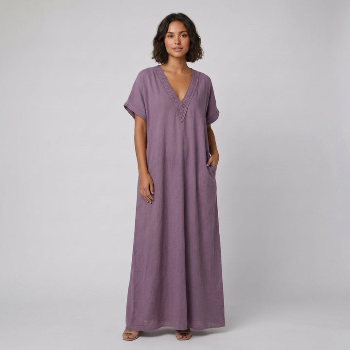 Riva purple lace V-neck cotton-linen kaftan maxi dress on model