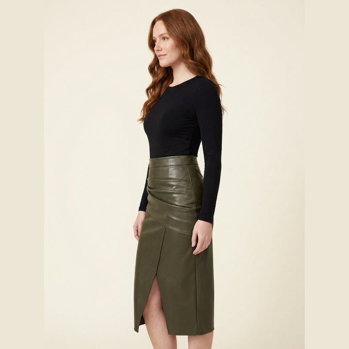 Riva faux leather midi skirt army green on model