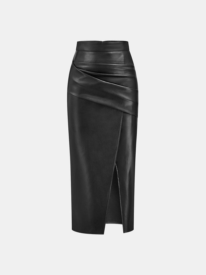 Riva | Midi Skirt Ruched Slit Faux Leather for Women