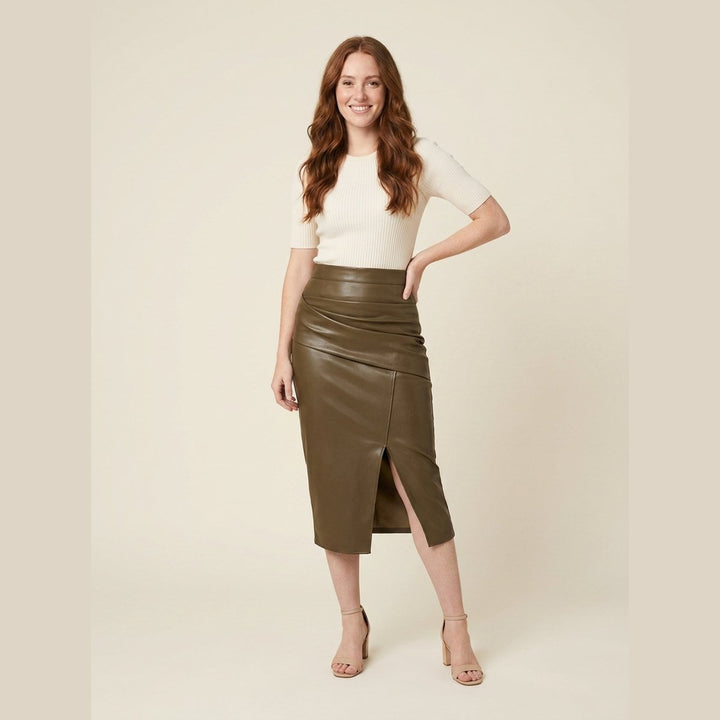Riva faux leather midi skirt light brown on model