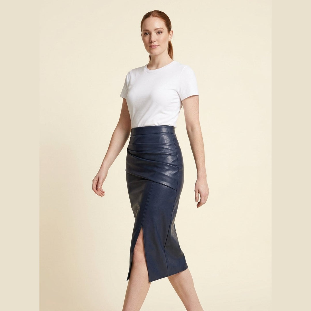 Riva faux leather midi skirt navy on model
