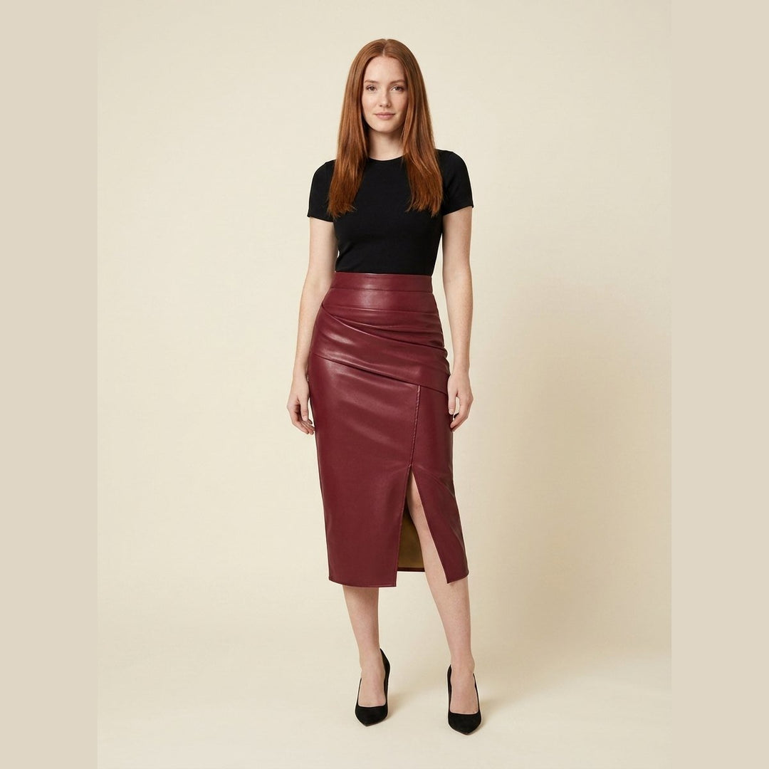 Riva faux leather midi skirt red on model