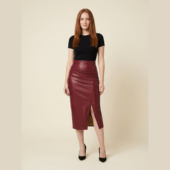 Riva faux leather midi skirt red on model