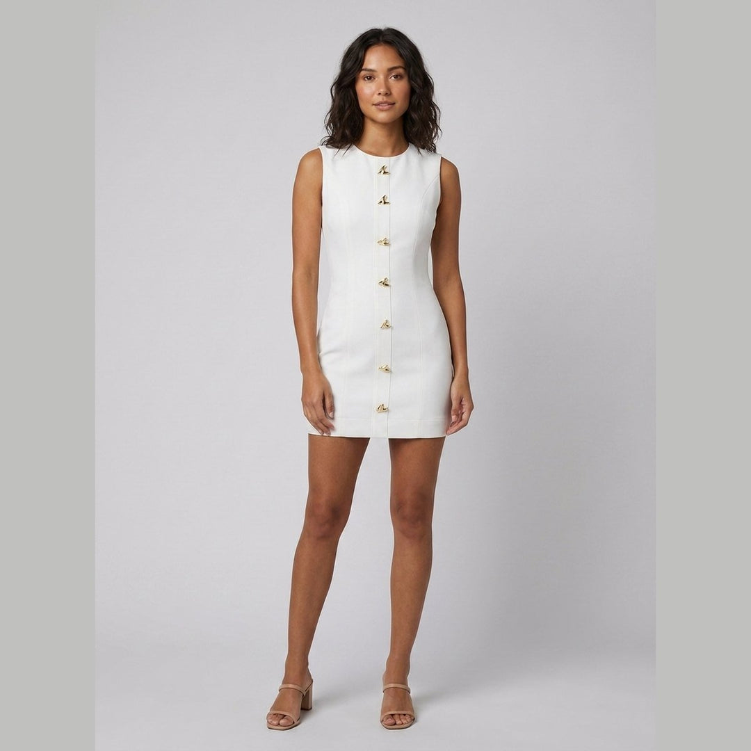 Ronda white sleeveless mini dress with gold buttons, on model