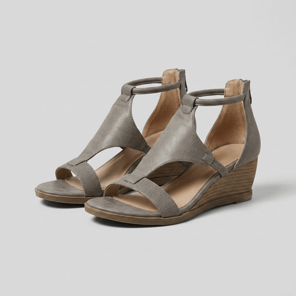 Rosa Sandals gray T-strap wedge - front
