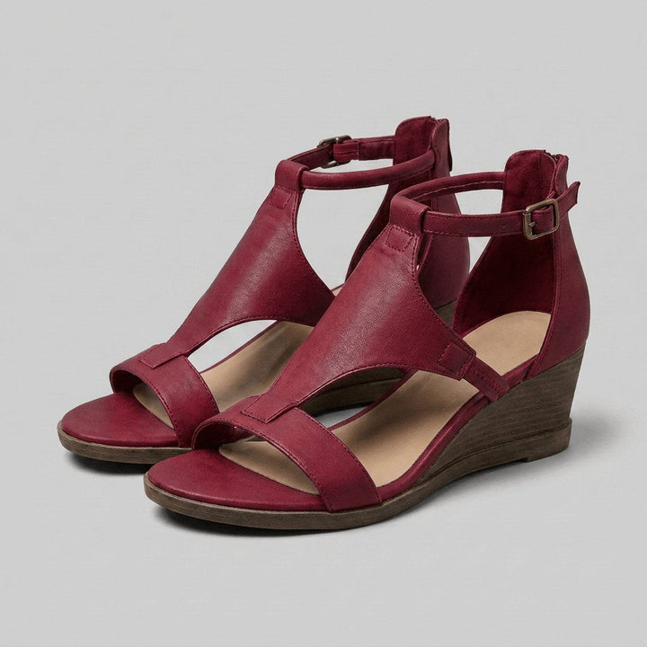 Rosa Sandals red T-strap wedge - front
