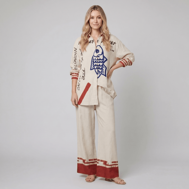 Rounelle linen set blue fish print - The store Vancouver