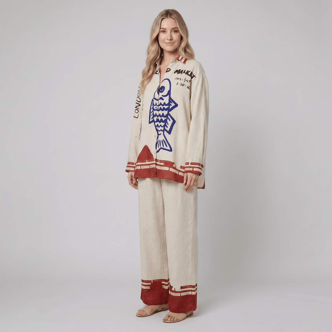 Rounelle Linen Set | Lightweight, Relaxed Fit with Blue Fish Print