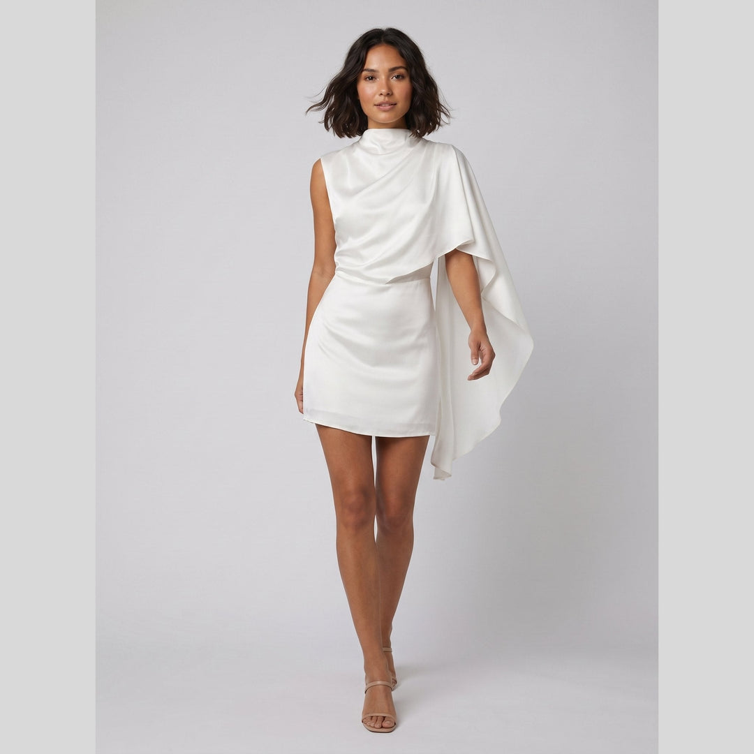 Sari | Asymmetrical Mini Dress Satin, Ruched Design, Zipper Closure