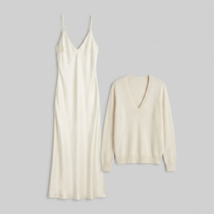 Satin Elegance Midi Dress | Flattering Fit, Includes Matching Sweater