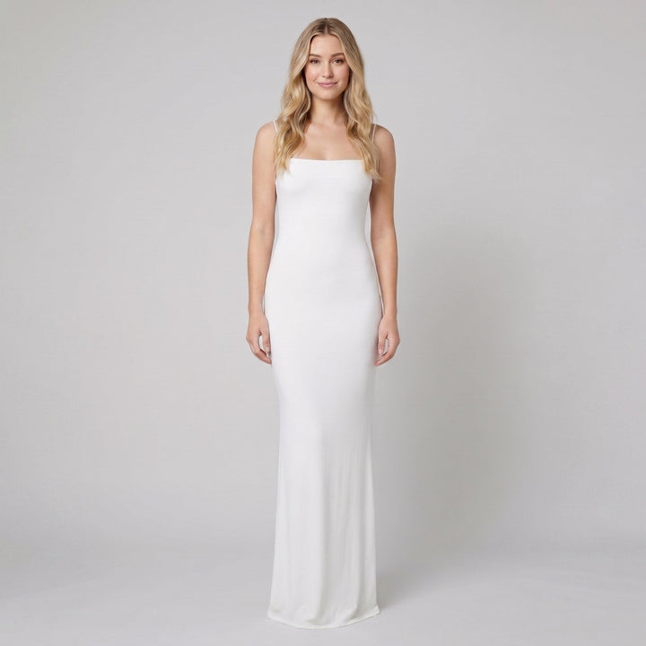 Sera square-neck column evening gown in ivory white