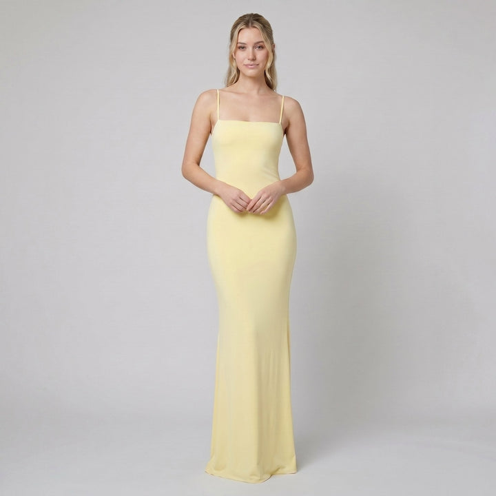 Sera square-neck column evening gown in pastel yellow