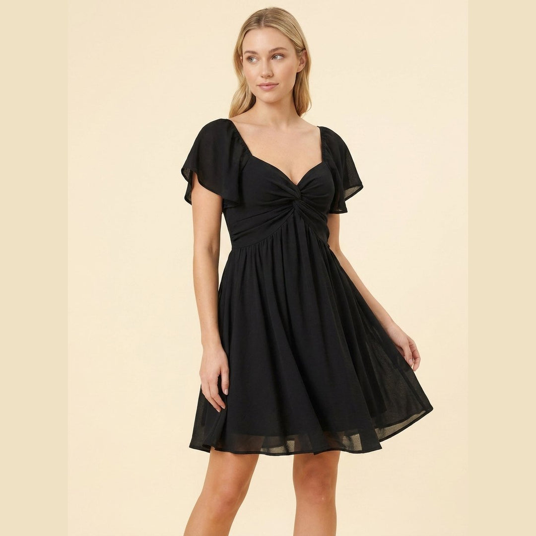 Sienna V black chiffon flutter-sleeve mini dress