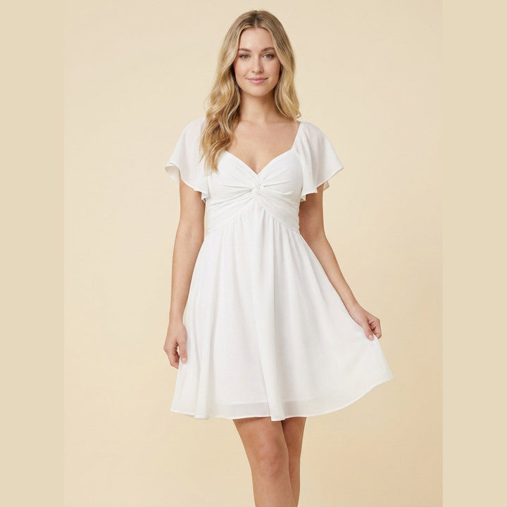 Sienna V white chiffon flutter-sleeve mini dress