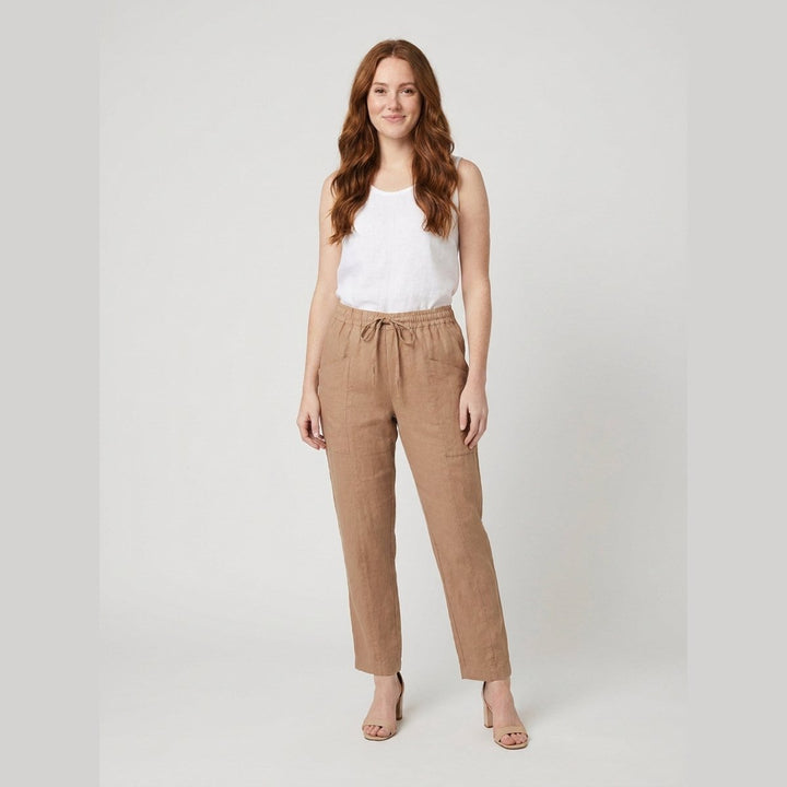 Sierra tan linen relaxed tapered pants front