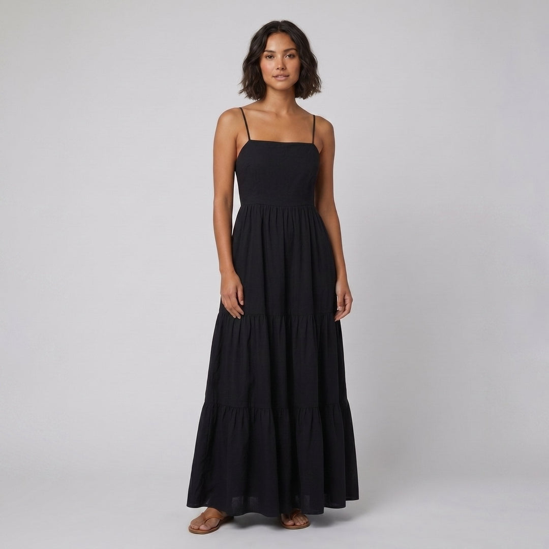 Sola black backless tiered maxi summer dress on model