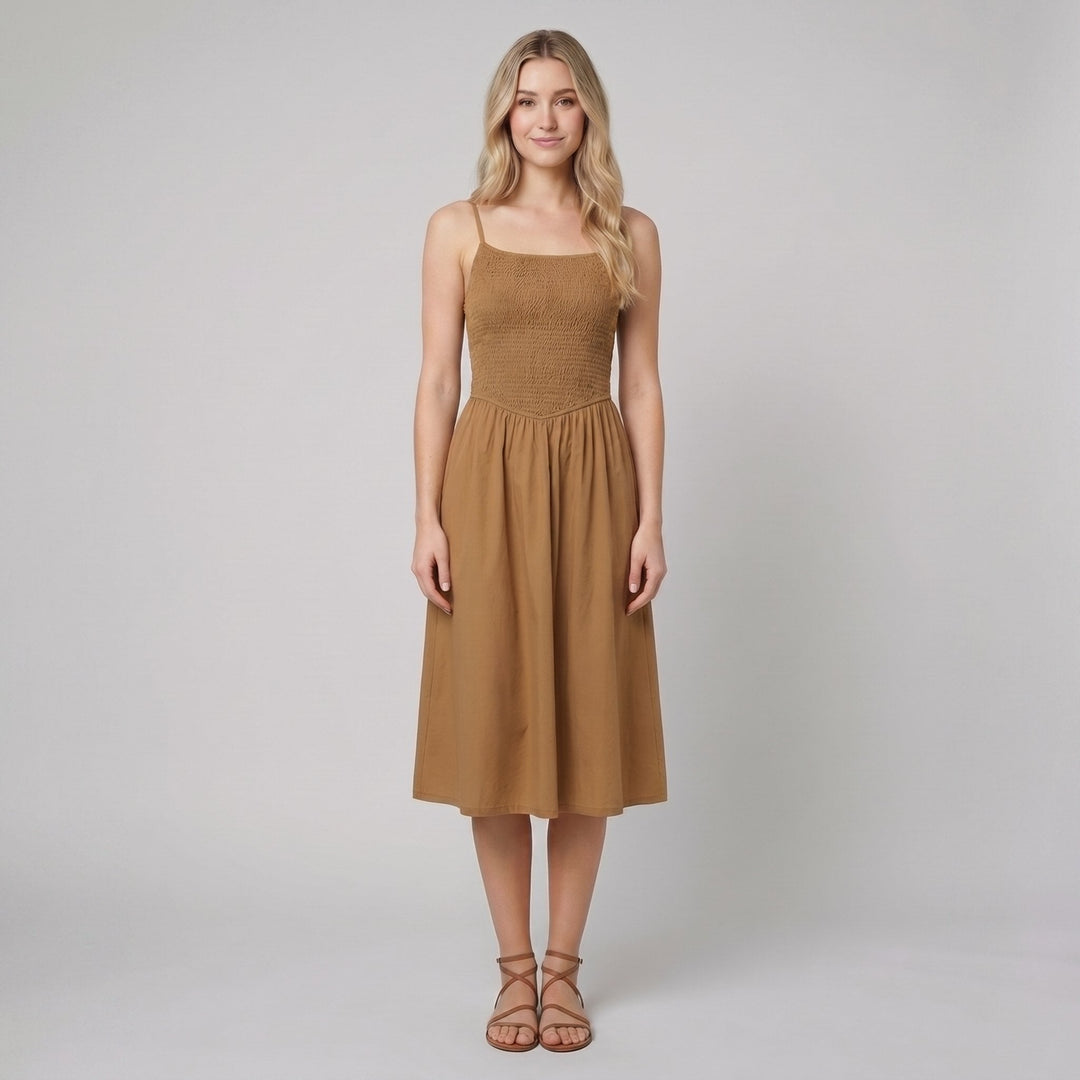 Soleil brown flowy A-line spaghetti-strap summer dress front on model