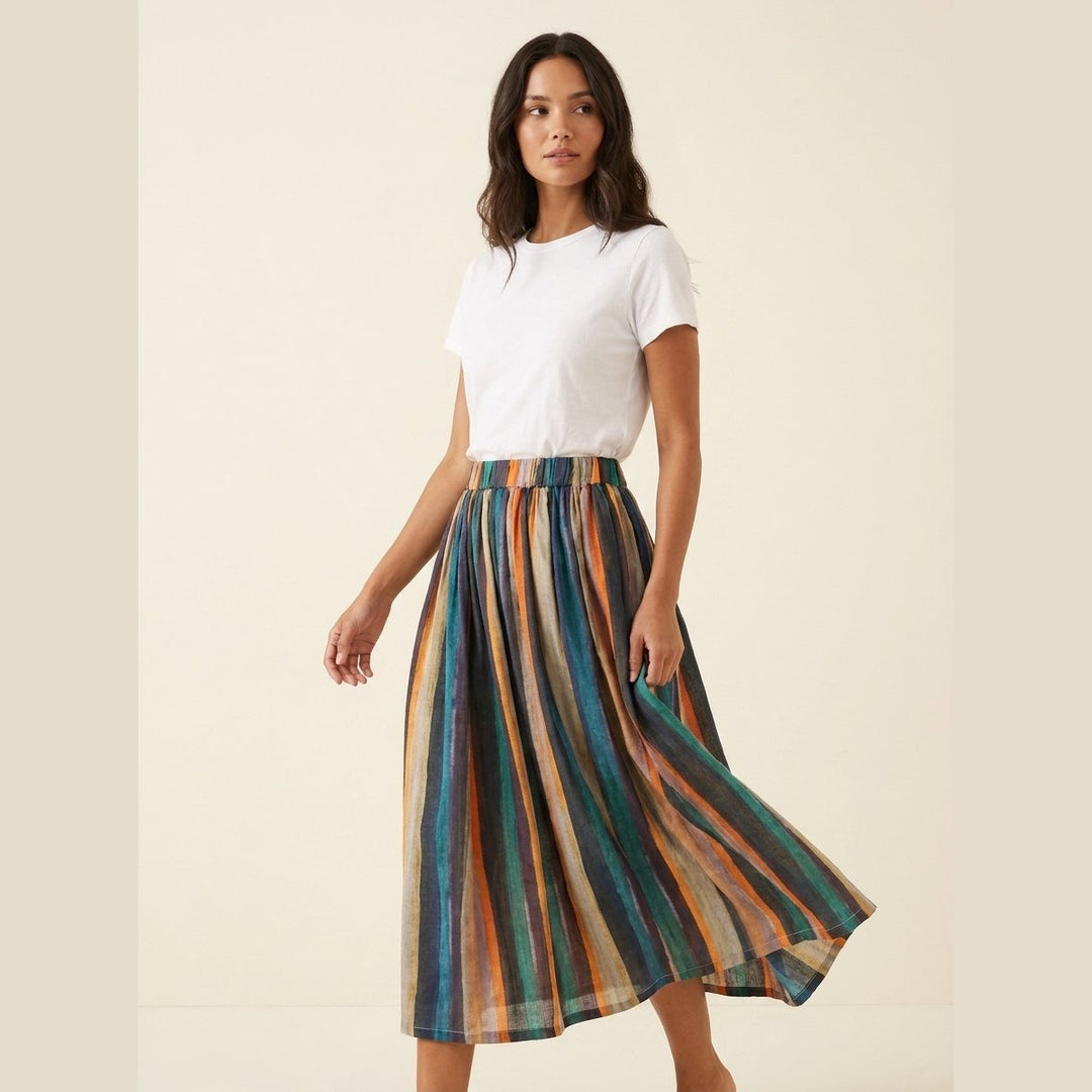 Sora | A-Line Skirt Striped Retro Print, Linen Blend