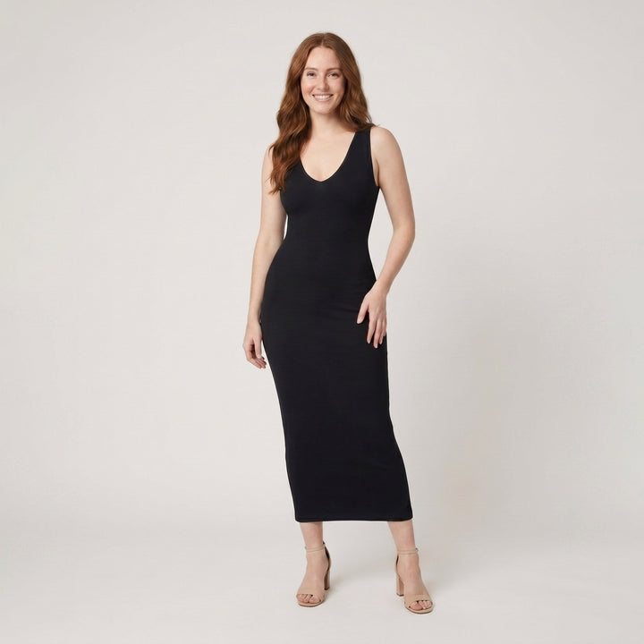 Svelte black deep V-neck ribbed bodycon midi dress on model
