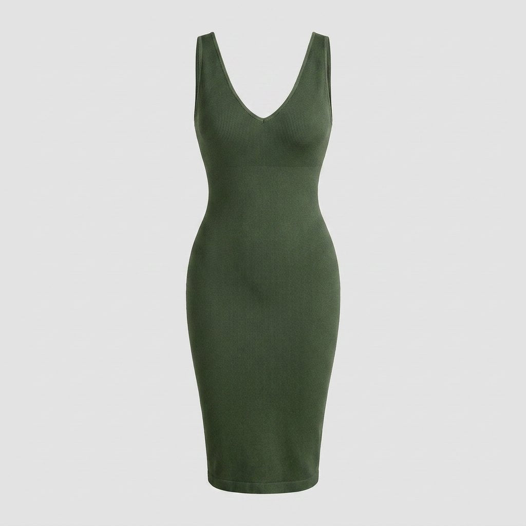 Svelte | Midi Dress  Deep V-Neck, Tummy Control, Ribbed Fabric