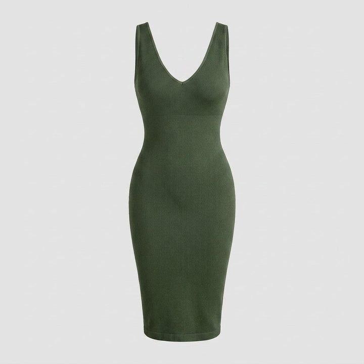 Svelte | Midi Dress  Deep V-Neck, Tummy Control, Ribbed Fabric