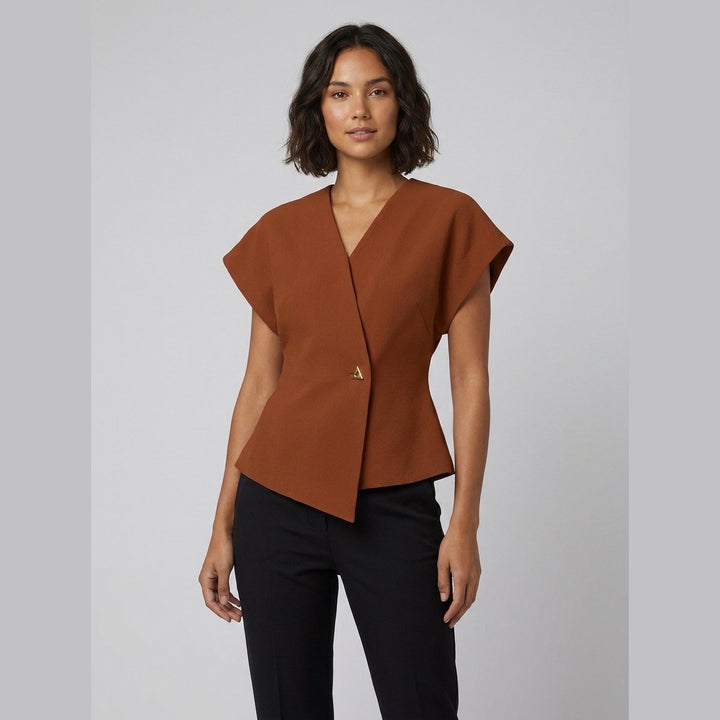 Tara V-neck peplum top brown on model