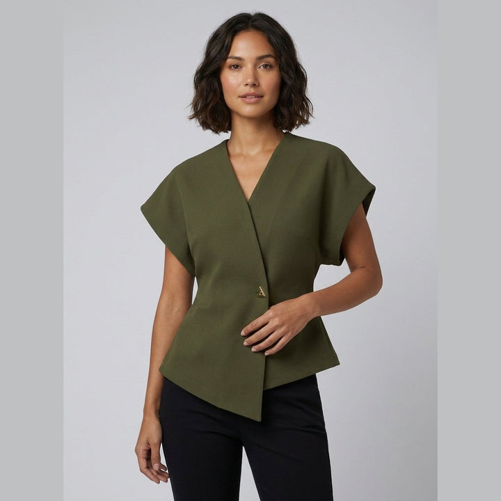 Tara V-neck peplum top army green on model