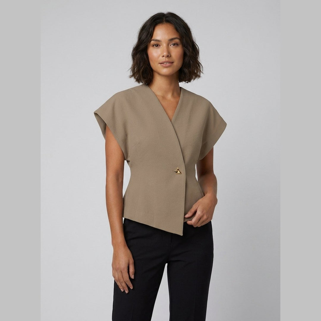 Tara V-neck peplum top khaki on model