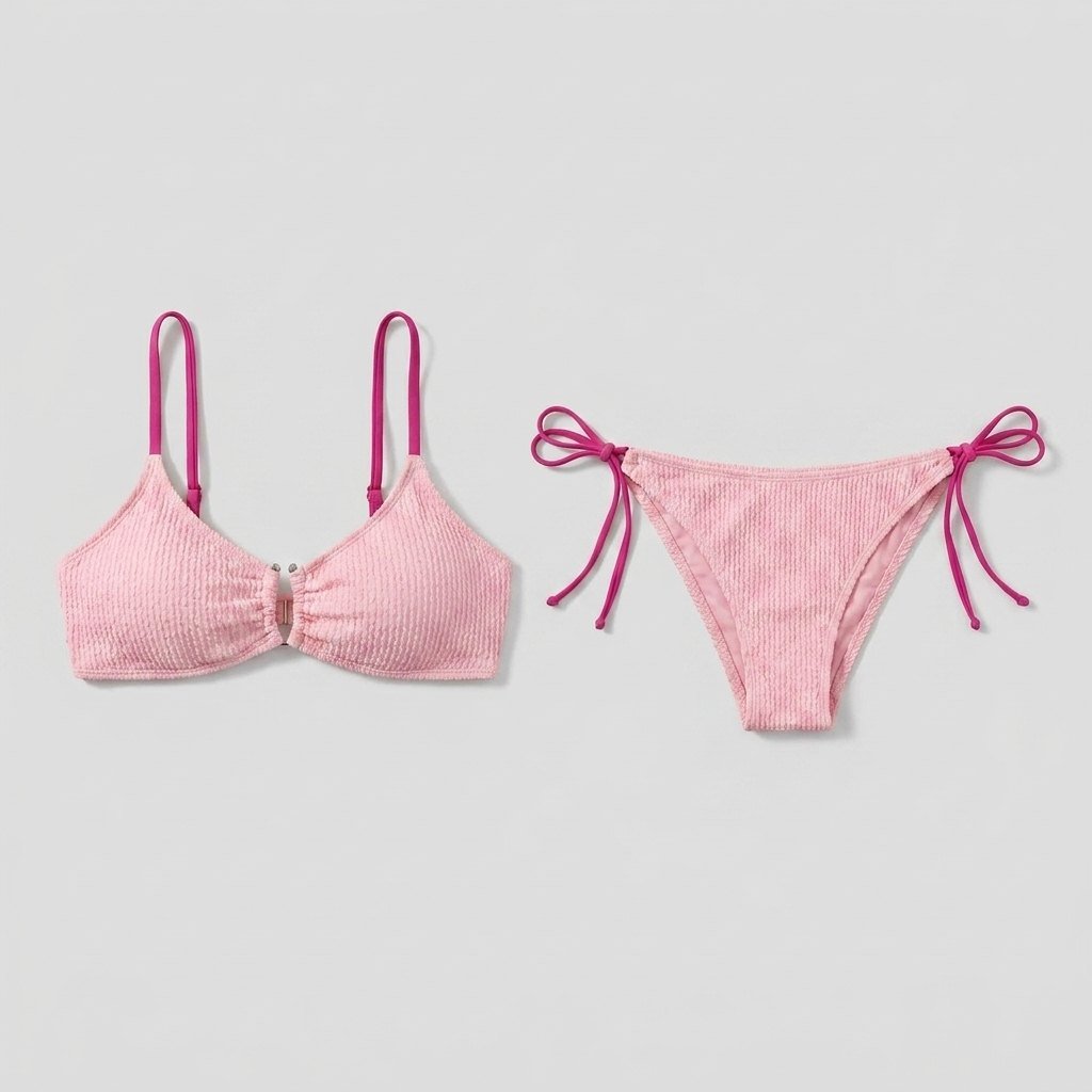 Pink textured bikini set front flat-lay