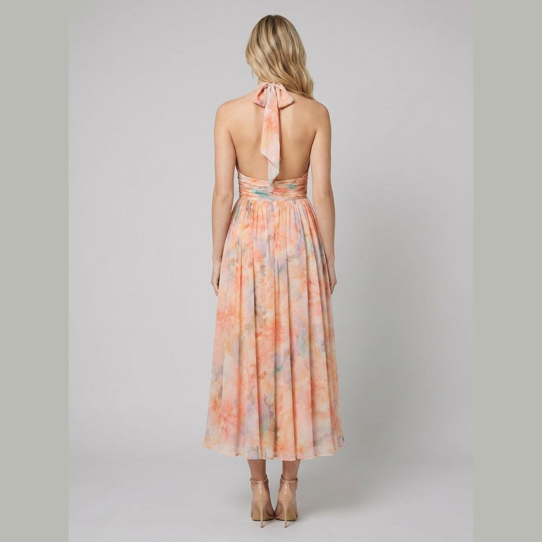 Thirza | Halter Dress Silk-Blend Chiffon, Unique Artwork Print - Wedding Guest & Cocktail Dress