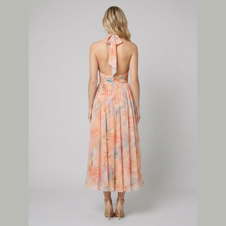 Thirza | Halter Dress Silk-Blend Chiffon, Unique Artwork Print - Wedding Guest & Cocktail Dress