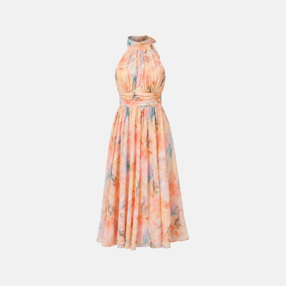 Thirza | Halter Dress Silk-Blend Chiffon, Unique Artwork Print - Wedding Guest & Cocktail Dress
