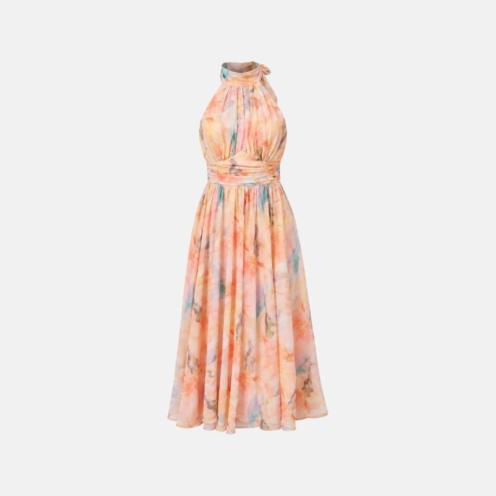 Thirza | Halter Dress Silk-Blend Chiffon, Unique Artwork Print - Wedding Guest & Cocktail Dress