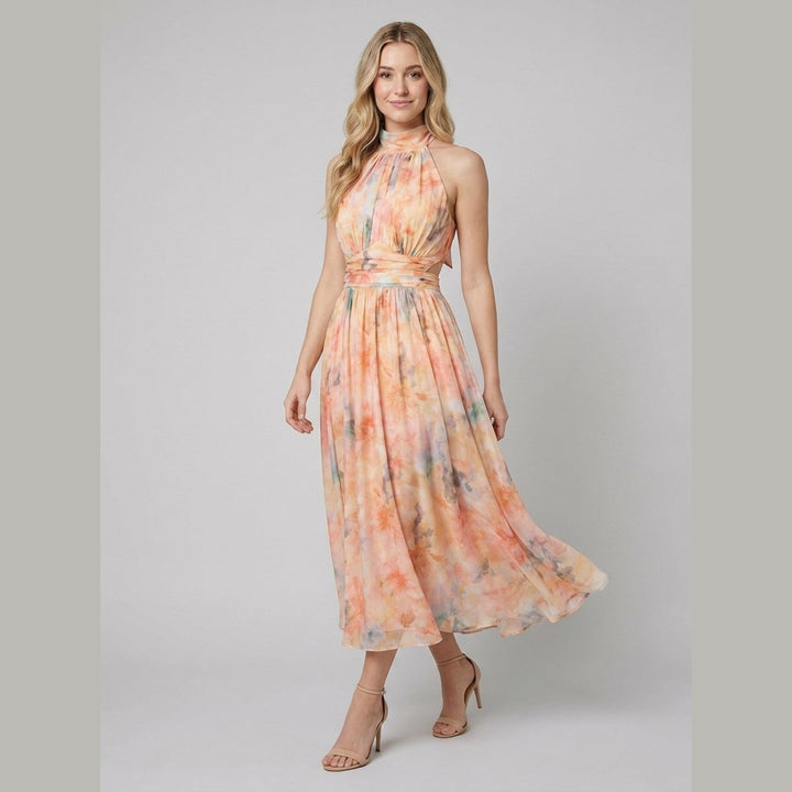 Thirza | Halter Dress Silk-Blend Chiffon, Unique Artwork Print - Wedding Guest & Cocktail Dress