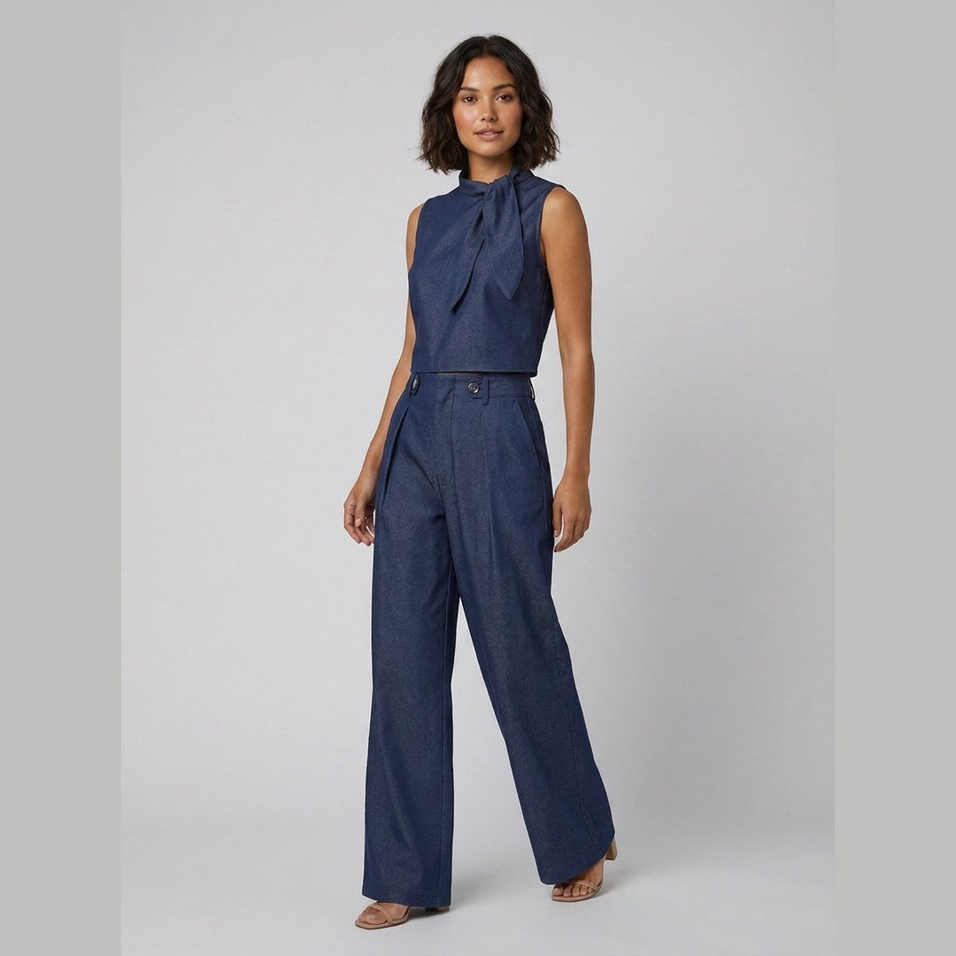 Tina | Blouse Pants Set Cotton Blend, Regular Fit, Tie-Neck Detail