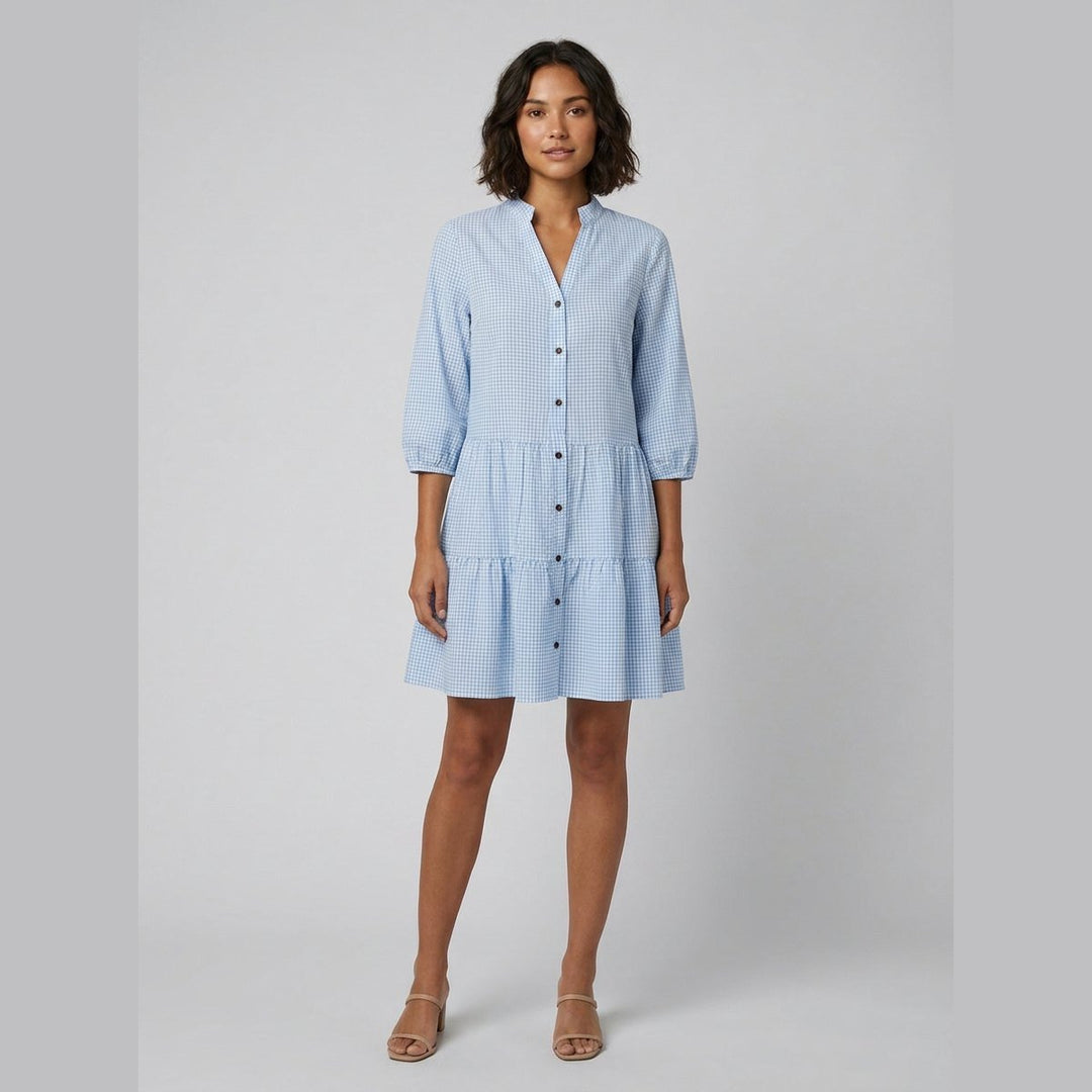 Tula blue gingham tiered dress front on model
