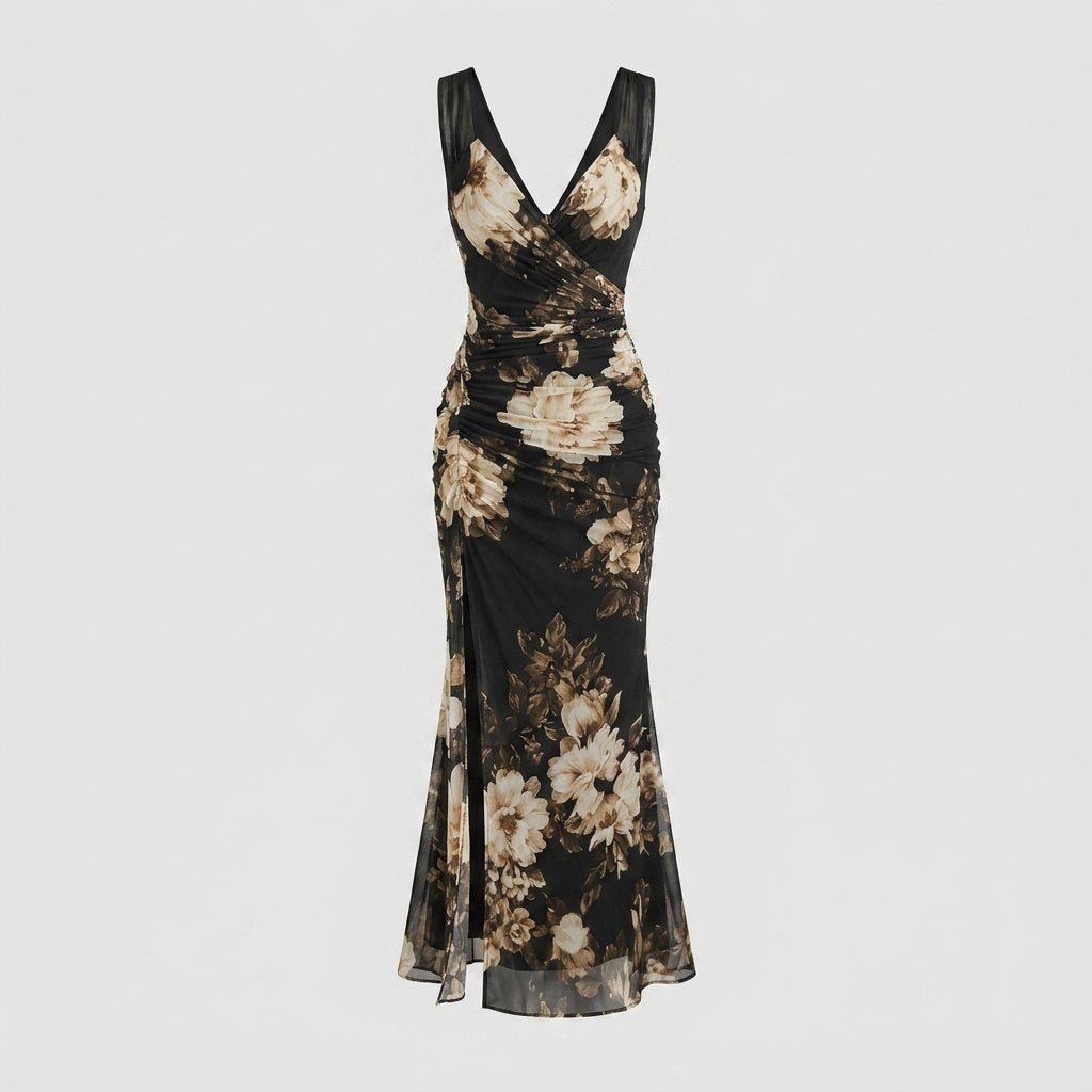 Vera | Floral Maxi Dress Ruched, High Slit Mermaid Silhouette for Summer Weddings