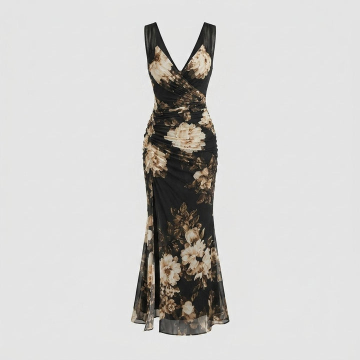 Vera | Floral Maxi Dress Ruched, High Slit Mermaid Silhouette for Summer Weddings