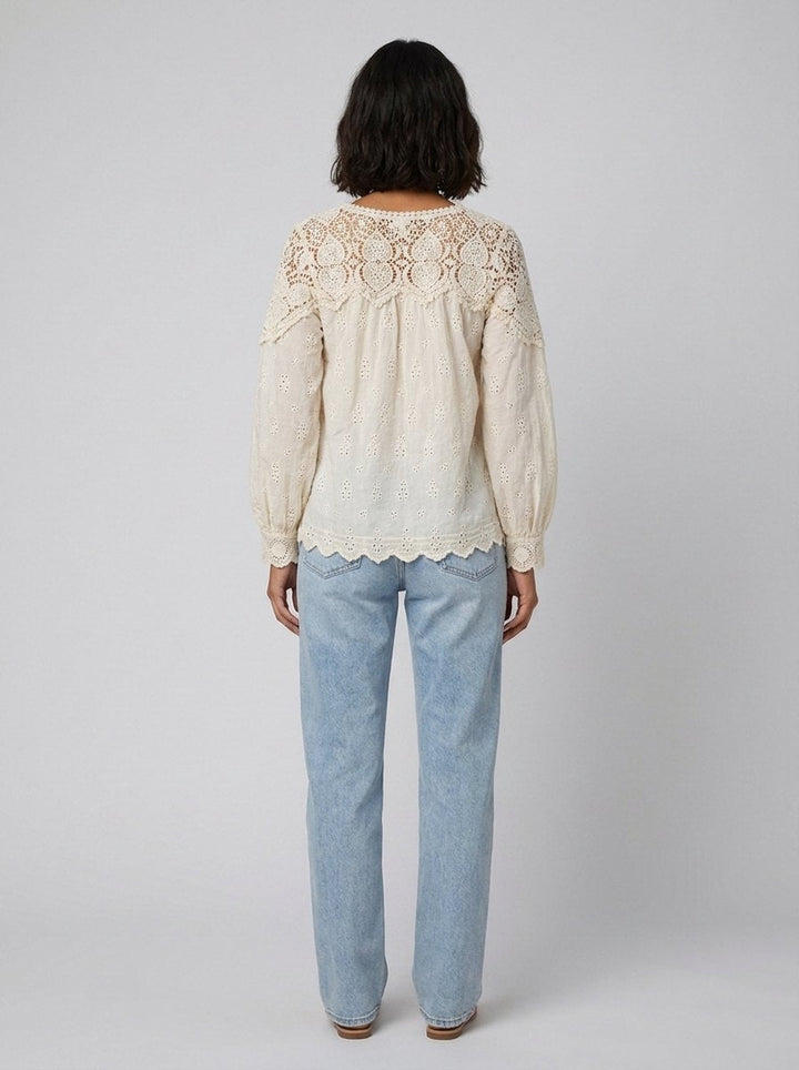 Zara | White Blouse 100% Cotton, Crochet Lace Yoke for Women