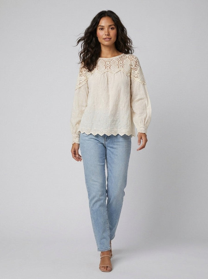 Zara | White Blouse 100% Cotton, Crochet Lace Yoke for Women