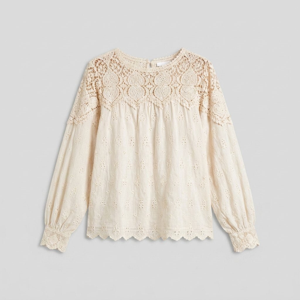 Zara | White Blouse 100% Cotton, Crochet Lace Yoke for Women