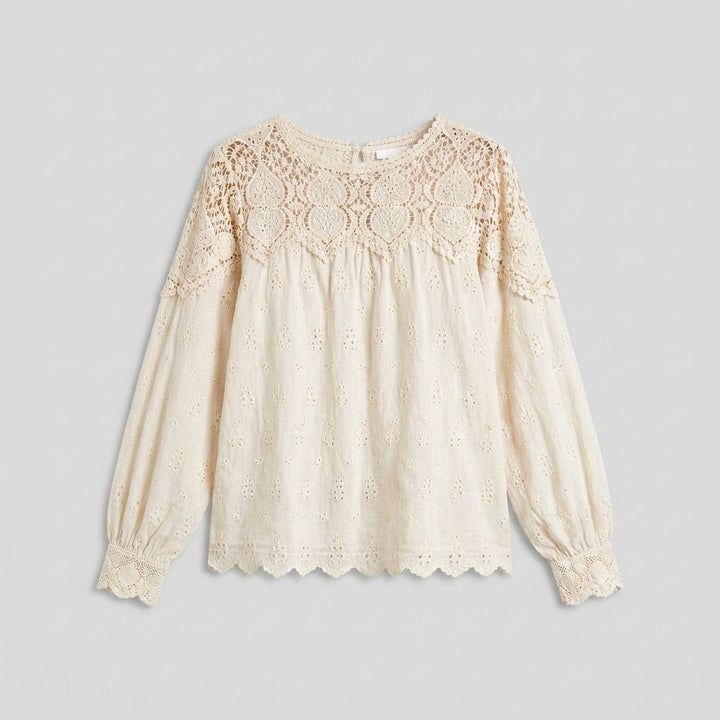 Zara | White Blouse 100% Cotton, Crochet Lace Yoke for Women