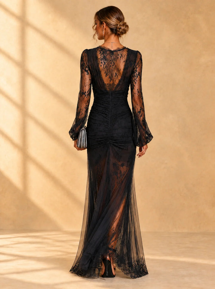 Quintina | Long Black Dress With Deep V-Neck And Dramatic Slit